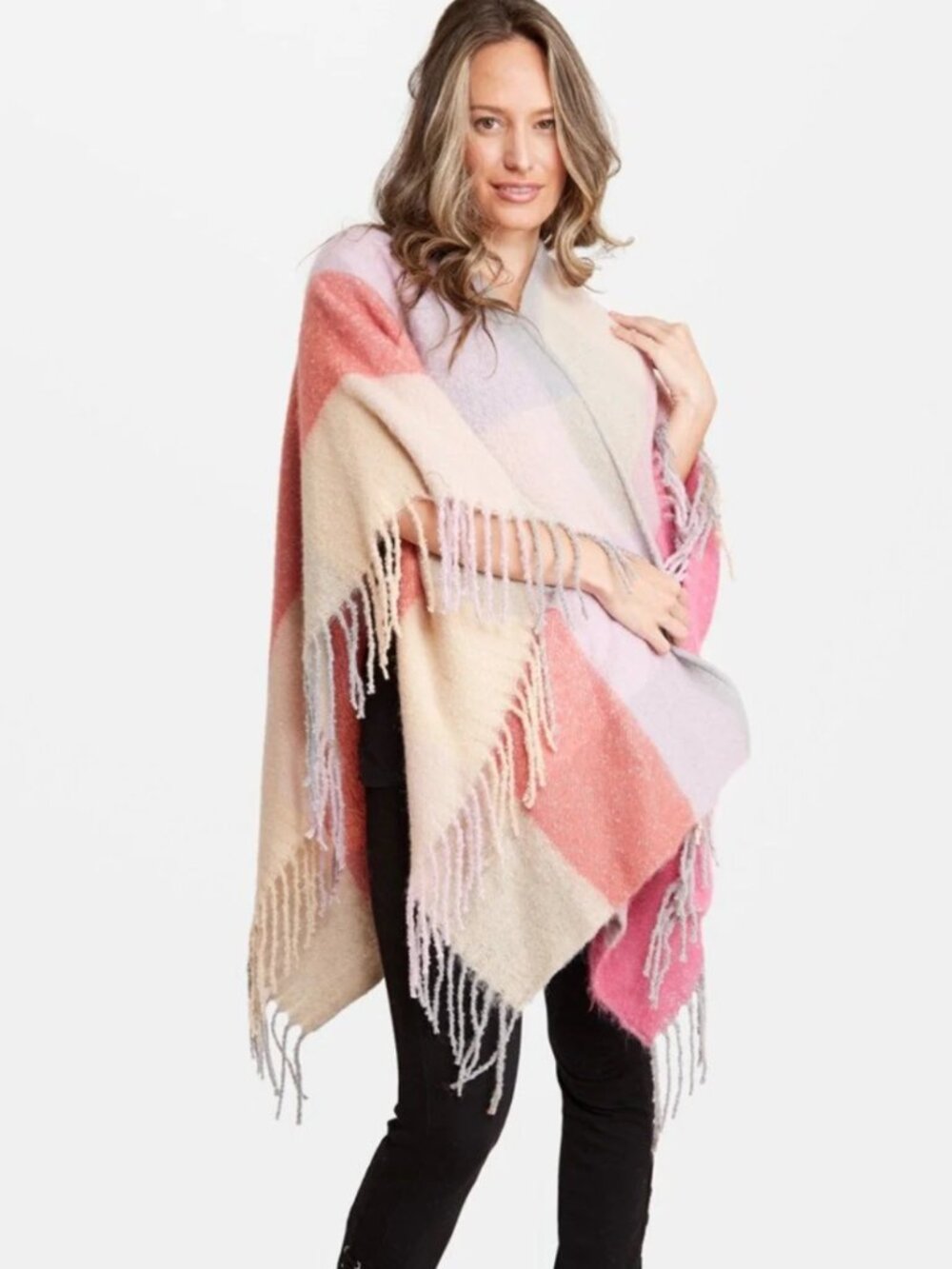 Janice Apparel Pink Beige Plaid Fringe Ruana Blanket Scarf One Size